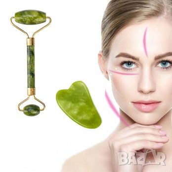 Масажор за лице от зелен кварц с допълнителен масажен камък , снимка 1