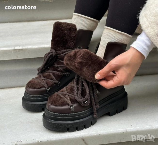 Боти на платформа - кафява кожа с кафяв пух - BPUH1 , снимка 1