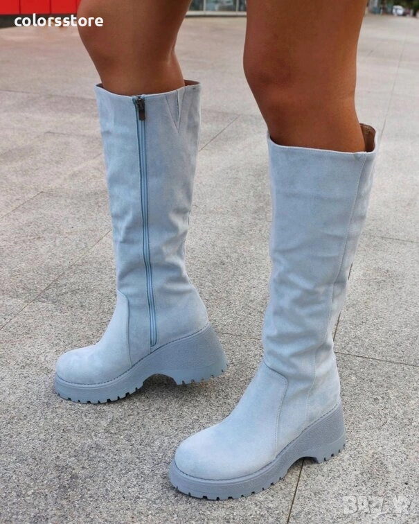 Ботуши на платформа - светлосин велур - BSX10, снимка 1