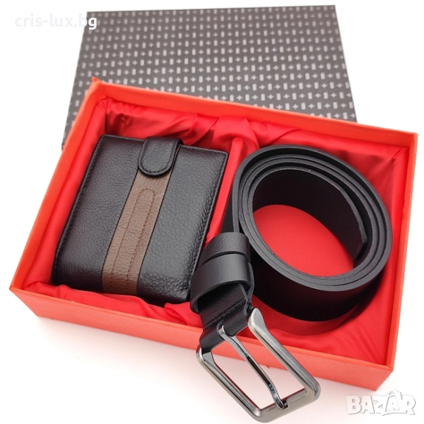 Подаръчен комплект за мъж – колан и портфейл от естествена кожа в кутия-MPK-06, снимка 1