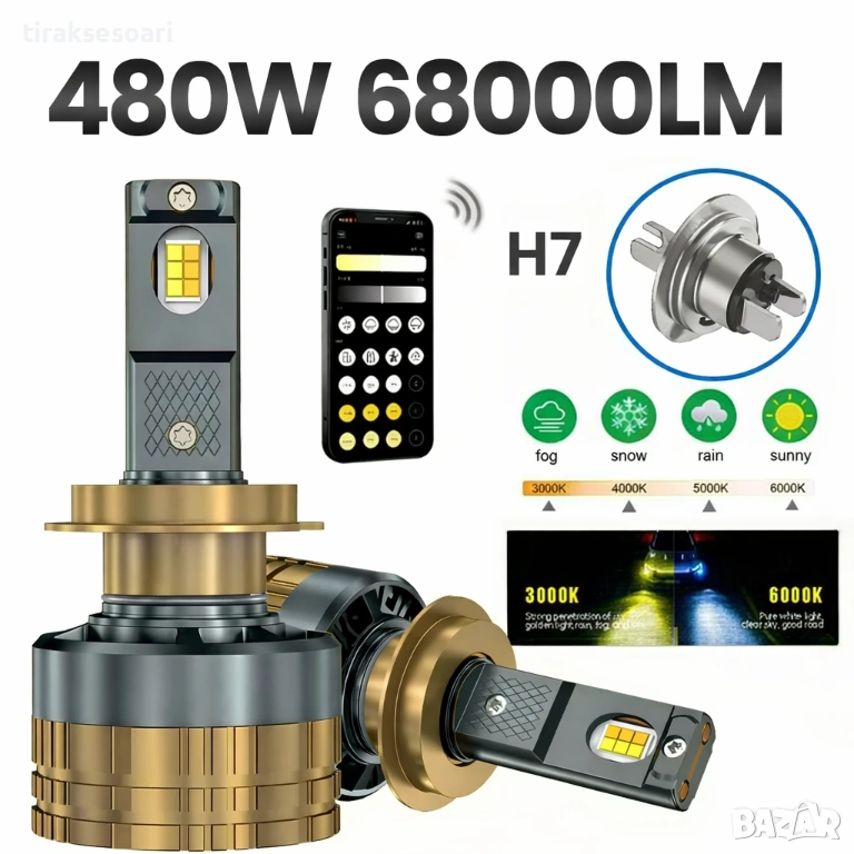 Smart LED крушки H7 Dual Color 3500K–6500K CANBUS 12–24V 480W 68000LM 300% , снимка 1