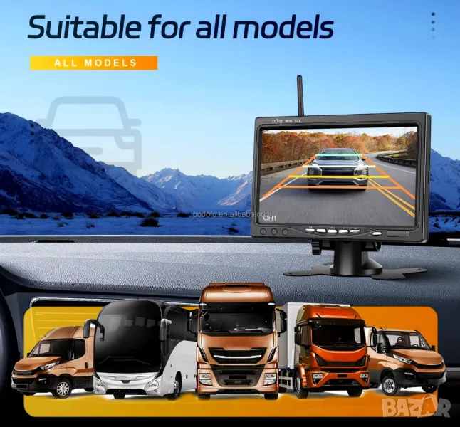 Безжична камера с монитор, паркиране, камион, заден ход, трактор, комбайн, парктроник, задно виждане, снимка 1