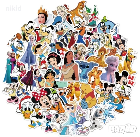 50 бр микс Дисни герои и принцеси самозалепващи лепенки стикери за украса декор картонена торта