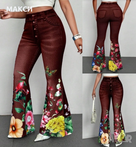 Макси силно еластичен и мек панталон чарлстон с висока ластична талия имитация дънки с приказна щамп, снимка 2 - Панталони - 52794477