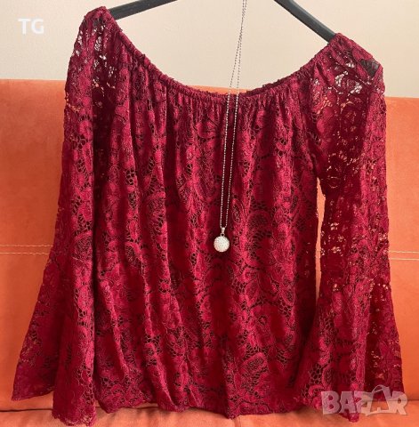 Дамска свободна червена дантелена блуза с широки ръкави , снимка 3 - Блузи с дълъг ръкав и пуловери - 39734174