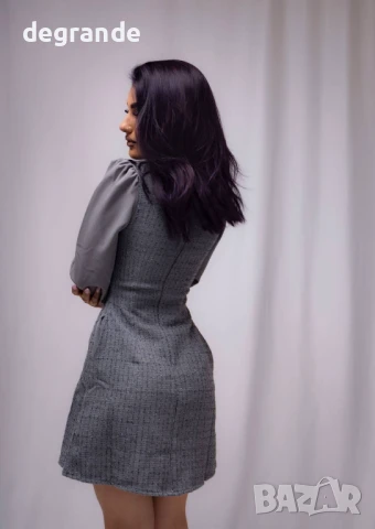 Рокля букле с панделки в сиво, снимка 3 - Рокли - 50907986