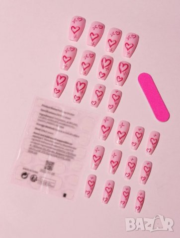 Комплект Разкошни Press-on Изкуствени Нокти 24 броя в Нежно Розов Цвят със Сърчица КОД  nail58, снимка 3 - Продукти за маникюр - 39423918