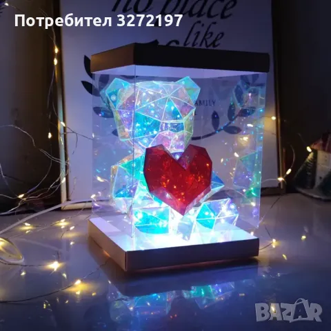 Ръчно изработена 3Д ЛЕД светеща скулптура на мече със сърце