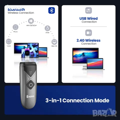 Еyoyo 1D и 2D Bluetooth баркод скенер, мини преносим 3-в-1 четец с Bluetooth, снимка 2 - Друга електроника - 49843935