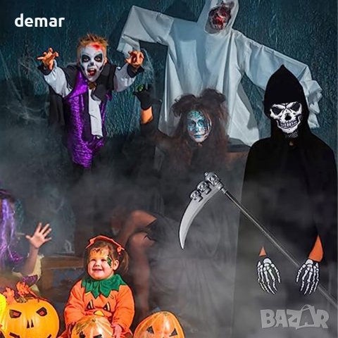 Костюм на Grim Reaper Хелоуин 4 части, черно наметало с маска на черепа, коса, скелетни ръкавици, снимка 7 - Други - 44069211