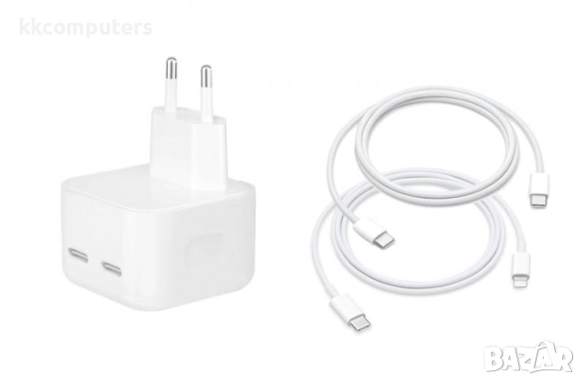 PREMIUM Зарядно/Адаптер 50W 2xPD 220V /2 x Кабела/PD Type-C - Type-C/PD Type-C - Lightning/ Бял / Ба