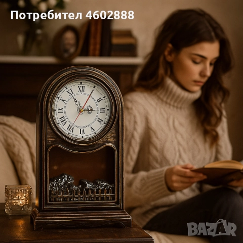 Винтидж настолен часовник с LED камина – уют и стил в едно, снимка 1