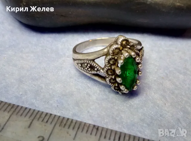 СКЪПОЦЕНЕН СРЕБЪРЕН ПРЪСТЕН СРЕБРО 925 с ФАСЕТИРАН ПЕРИДОТ и МАРКАЗИТИ СТАРА МАЙСТОРСКА РАБОТА 48264, снимка 2 - Пръстени - 49344293