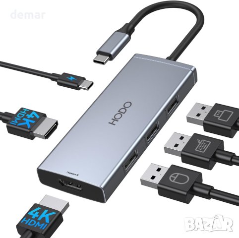 USB C към 2 HDMI адаптер за два монитора, 6 IN 1 докинг станция