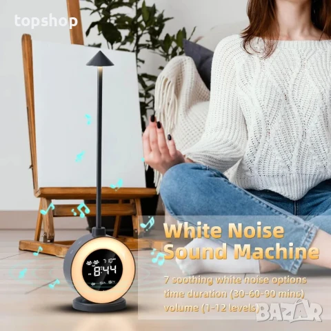 НОВА LED настолна лампа с часовник, димируема нощна лампа, сензорна с бял шум, 2 аларми, RGB..., снимка 6 - Настолни лампи - 50494936