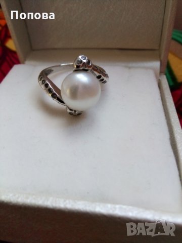 Дизайнерски сребърен пръстен с перла и кристали, снимка 1 - Пръстени - 28558260