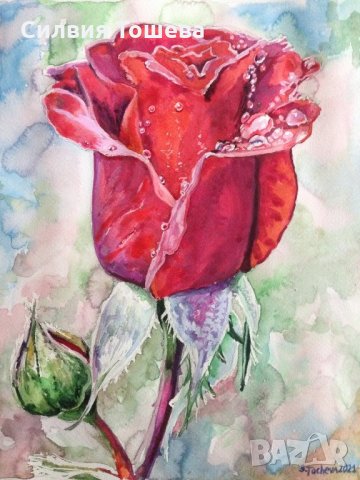 Червена роза #акварел #оригинал, снимка 1 - Картини - 33146412
