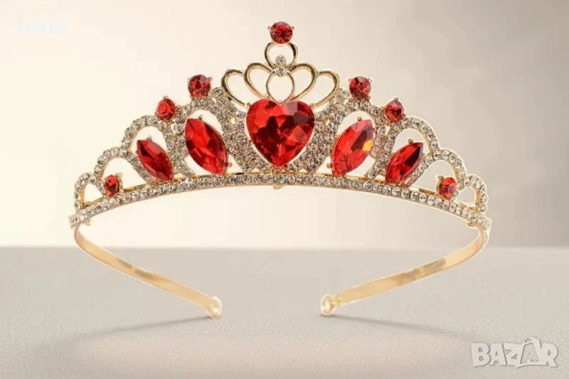 Детска дамска корона тиара венец диадема с червени камъни златиста метална