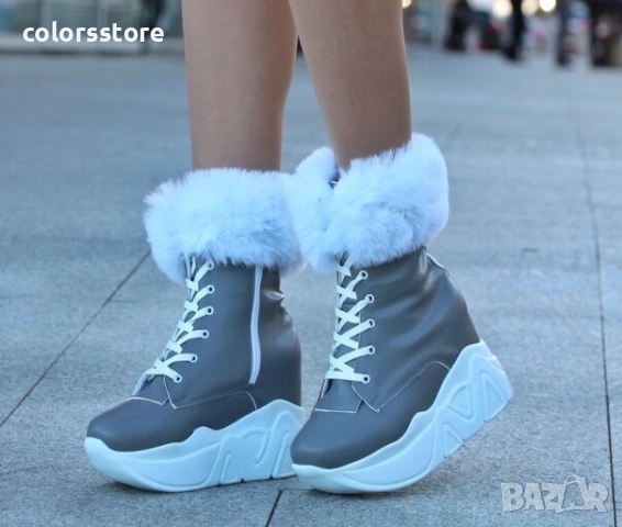 Боти на платформа - сива кожа с бял пух и бяло ходило - BPH1