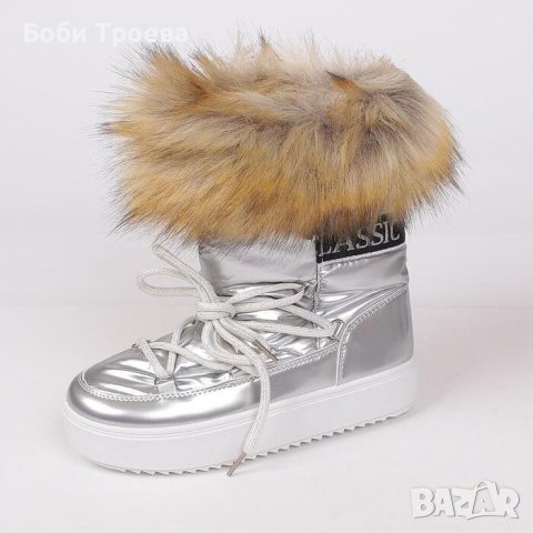 Дамски зимни апрески в сребристо сив цвят, с бежово пухче от еко-косъм в горната част, снимка 3 - Дамски апрески - 43621872