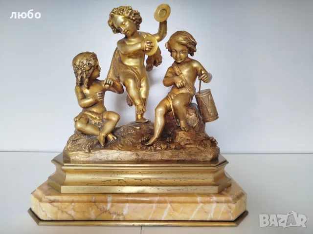 БРОНЗОВА СКУЛПТУРА 19-ВЕК Франция ДЕЦА МУЗИКАНТИ ВЪВ ПОЗЛАТА , снимка 5 - Антикварни и старинни предмети - 49271493