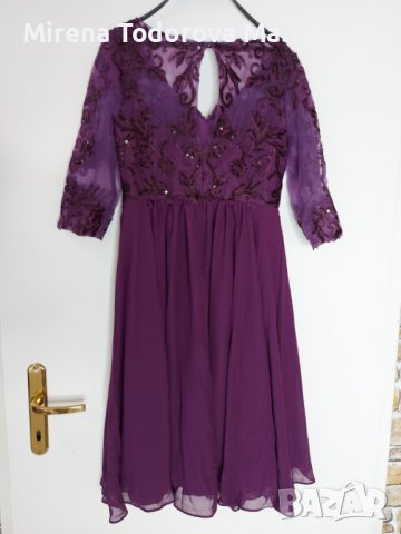 Коктейлна рокля от шифон с дължина до коляното с V-образно деколте и мъниста EU36 S,XS-280лв., снимка 3 - Рокли - 36691064