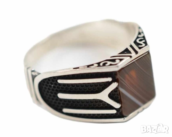 Мъжки сребърен пръстен със Ипсилон с две хасти  IYI с камък яспис руни сребро