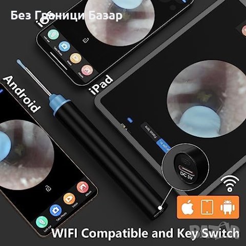 Нова 5MP 360° Камера за Почистване на Уши, IP67, Ултратънка - Черна, снимка 7 - Bluetooth тонколони - 43362340