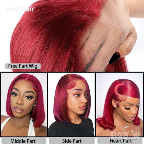 Естествена права 30 см тъмно червена перука с дантела 13x4 лейс фронт, снимка 3 - Аксесоари за коса - 47909140