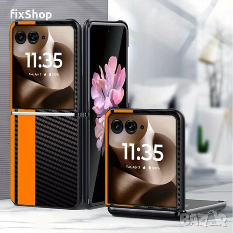 Калъф за Motorola Razr 60 – карбонов дизайн с оранжева линия – Нов