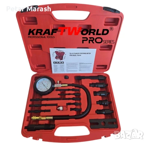 Комплект за измерване на компресия на дизелови двигатели KraftWorld Pro (17 части), снимка 2 - Куфари с инструменти - 50633644