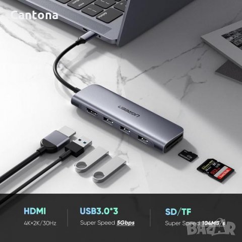 UGREEN USB C Hub 6 в 1 USB-C към 4K HDMI, 3 USB 3.0, SD/TF четец на карти , снимка 2 - Други - 33682275