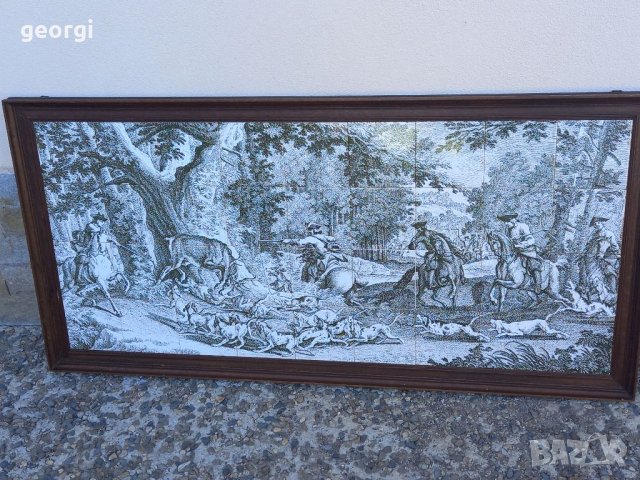 Голямо порцеланово пано на ловна тематика Mosa Holland антика уникат 