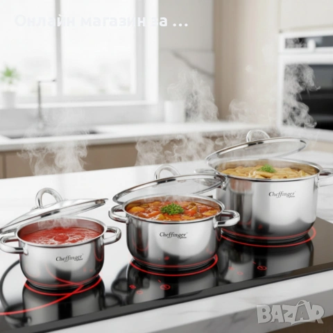 Тенджера от неръждаема стомана Cheffinger с индукционно дъно и стъклен капак