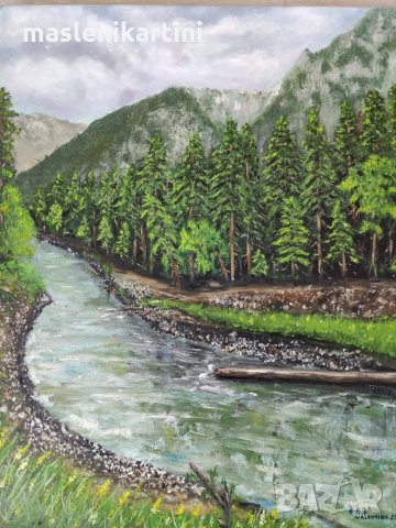 Маслена картина горски пейзаж Река в Рила , снимка 2 - Картини - 28797337