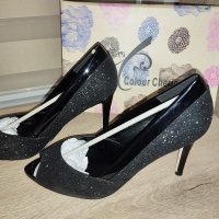 Дамски бляскави черни токчета, снимка 2 - Дамски обувки на ток - 43690597
