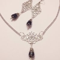 Разкошен Викториански комплект с Черни кристали и филигрирани орнаменти в цвят Сребро, снимка 6 - Бижутерийни комплекти - 28257261