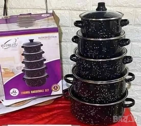 Комплект тенджери DJ36, 5 броя, Емайлирана стомана, Подходящи за фурна, Размери: 16,18,20,22,24 см, снимка 1