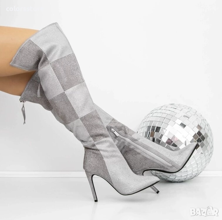 Ботуши на ток - сребристи с камъчета - 3JF12 , снимка 1