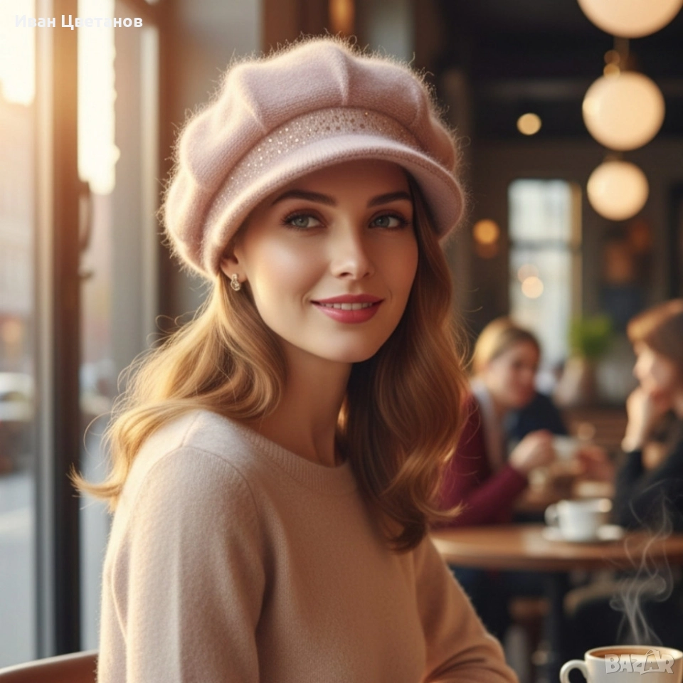 Дамска зимна плетена шапка с козирка и декоративни камъчета, снимка 1