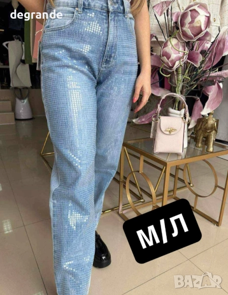 Сини дамски дънки с блестящ ефект, снимка 1