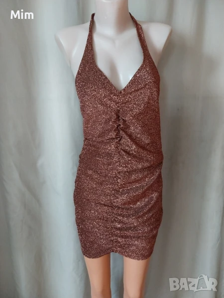 S/M Къса ,брокатена ,еластична рокля в старо злато , снимка 1