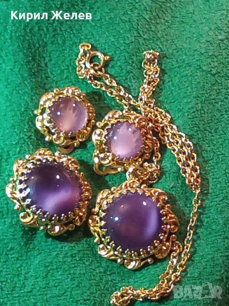 ПОЗЛАТЕНИ КОЛИЕ ОБЕЦИ БРОШКА БРОНЗ с ЮВЕЛИРНО ШЛИФОВАНО КОТЕШКО ОКО АРТ ДЕКО ПРЕКРАСНИ БИЖУТА 27967, снимка 1