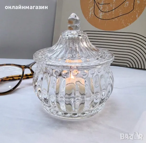 Стъклена захарница с капак, снимка 1