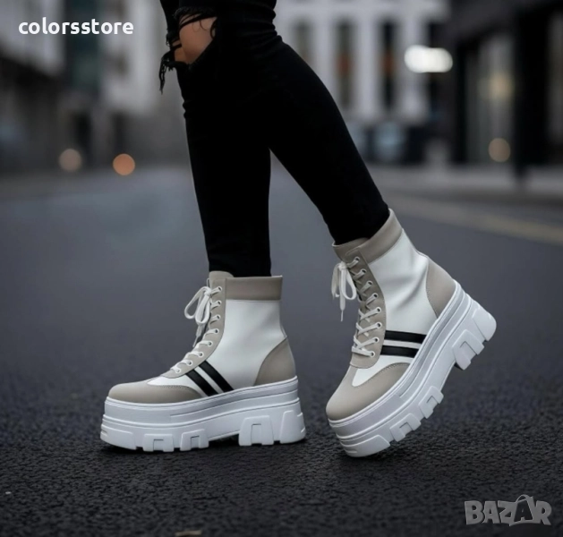 Боти на платформа - бяло със сиво и черни ленти - BML30 , снимка 1