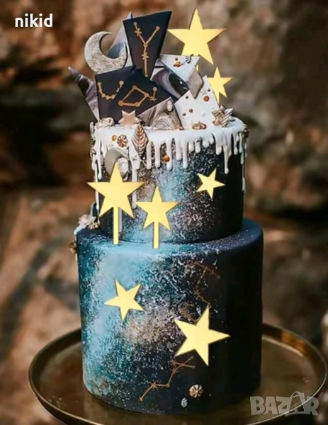 12 бр златни златисти звезди звездички звезда акрилни топери украса декор за торта мъфини кексчета, снимка 1