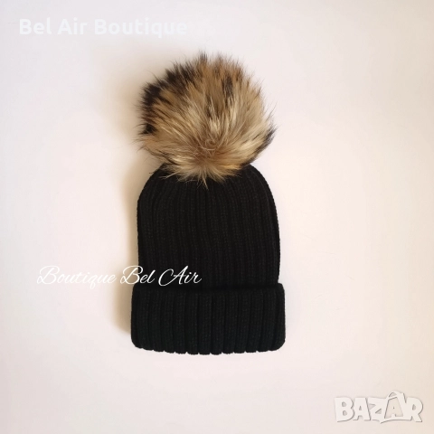 Зимна шапка с помпон от естествен косъм, зимна шапка, естествен пух, снимка 4 - Шапки - 52626049