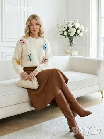 📌#Дамски #плетен #пуловер с пеперуди Производител: Италия Универсал  Цена 29 евро Еконт, снимка 2 - Блузи с дълъг ръкав и пуловери - 53501267