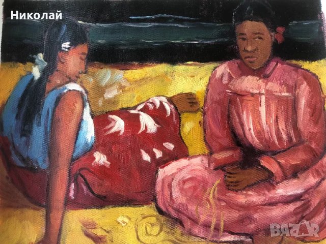 Картини – „Таитянски жени на плажа“ и авторски портрет на момиче, маслени бои, от Париж, нови, снимка 2 - Картини - 47476041