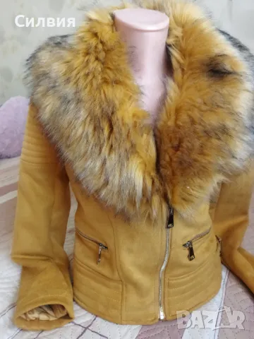 Уникално дамско яке цвят горчица със сваляща се яка размер S, снимка 3 - Якета - 49879234